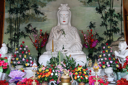 白燕盏在普托尚佛教寺庙的白神雕像关燕背景