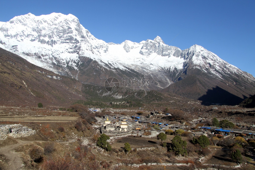 尼泊尔的雪山Manaslu和Samagoon村图片