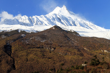 尼泊尔Manaslu带雪和森林的山峰图片