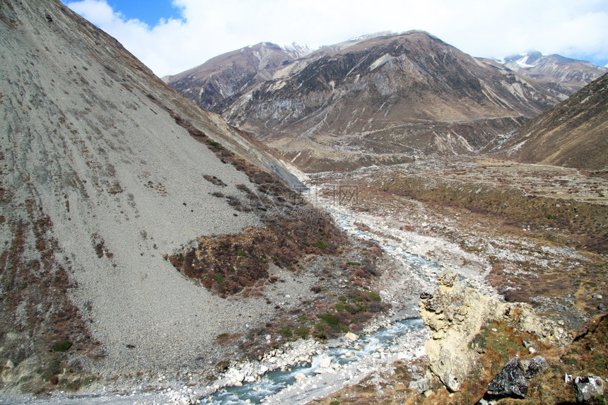 尼泊尔萨姆多附近的小河和山图片