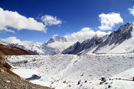 尼泊尔Larke通行证附近的湖泊和雪高清图片