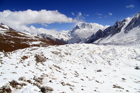 尼泊尔Larke通行证附近Manaslu山坡上的白雪图片