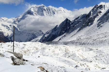 尼泊尔Larke通行证附近的邮电和雪图片