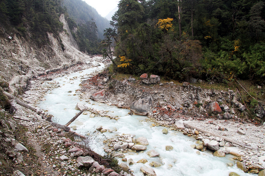 尼泊尔山区的河流和森林图片