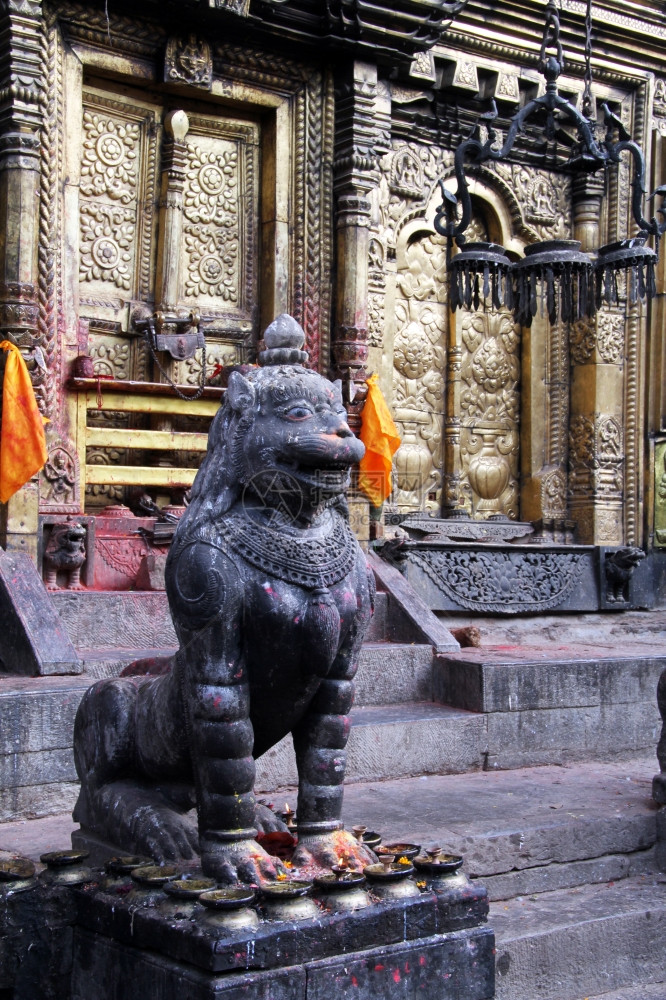 尼泊尔樟古那拉延寺的青铜狮子和金门图片