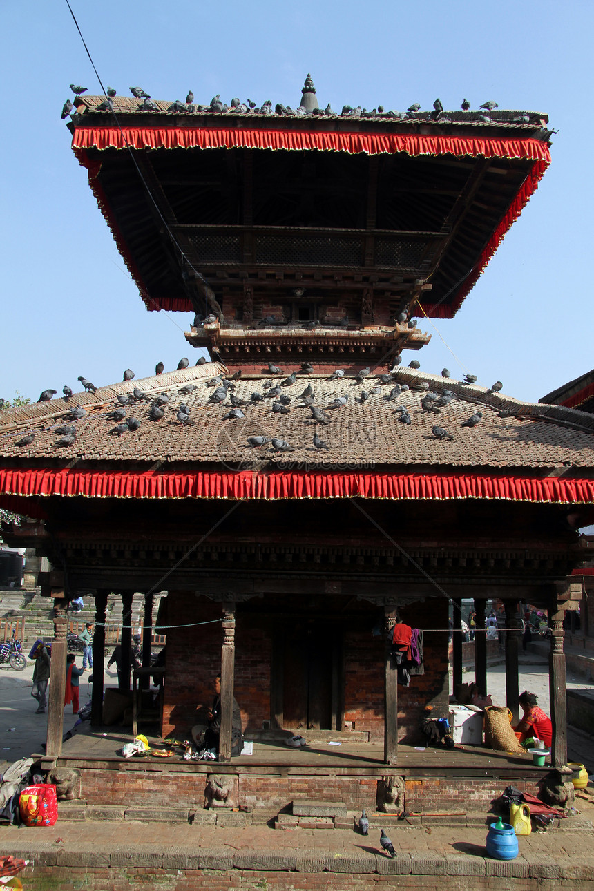 尼泊尔加德满都Durbar广场传统塔和鸽子图片