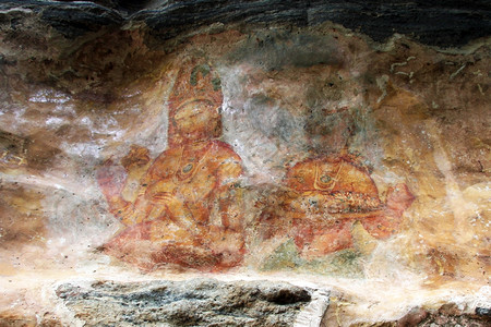 斯里兰卡Sigiriya岩石墙上的古老壁画背景图片