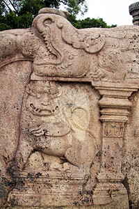 斯里兰卡Polonnaruwa的长城墙上狮子和石化图片