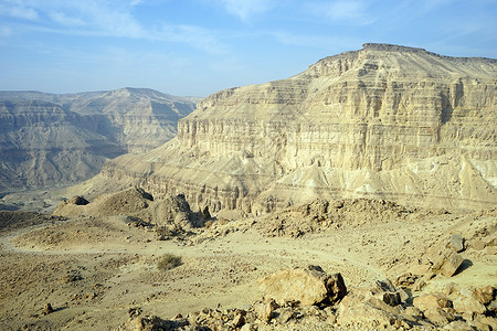 以色列内盖夫沙漠的MakhteshKatan山坑泥土路背景