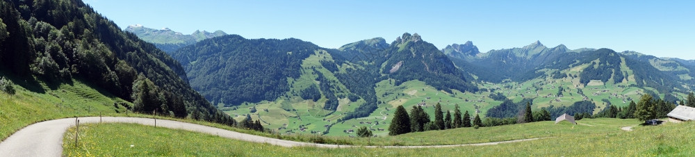瑞士山坡绿长路全景图片