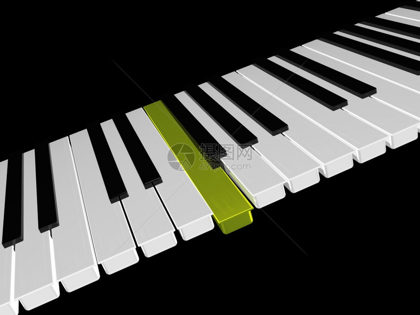 黑色背景上金键的钢琴盘3DRender图片