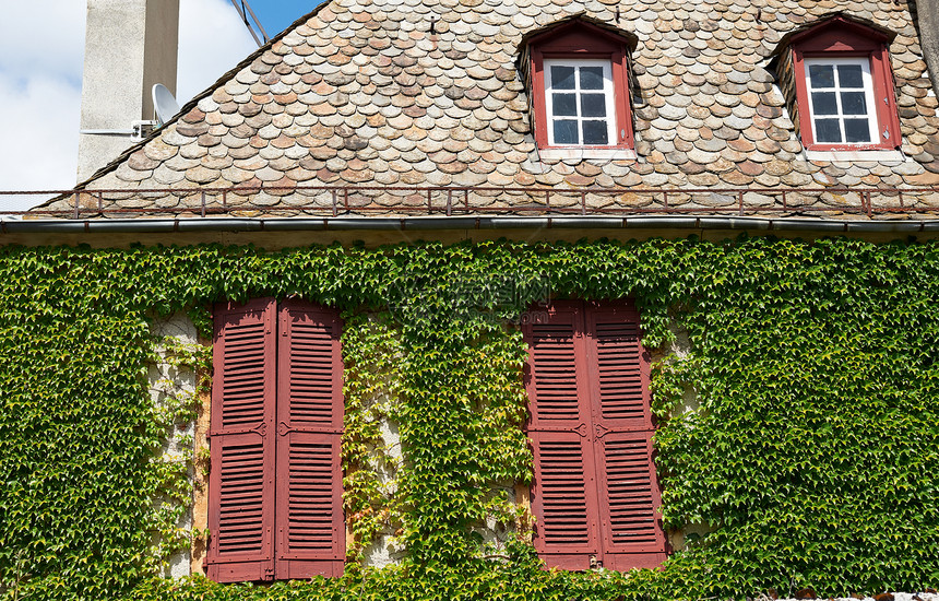 在法国野生藤装饰的石屋窗外口图片