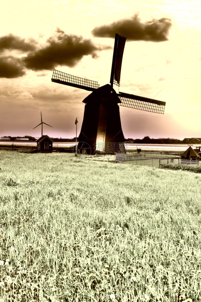 景色与旧荷兰风车在日落时景图片