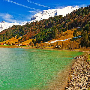 瑞士雪峰阿尔卑斯山顶脉背景下的湖图片