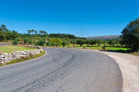 葡萄牙的奥利芙格罗夫山丘之间的斜坡路高清图片