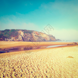 喵咪脚印坐在葡萄牙晨雾中大西洋海滩的口Instagrameffectl背景