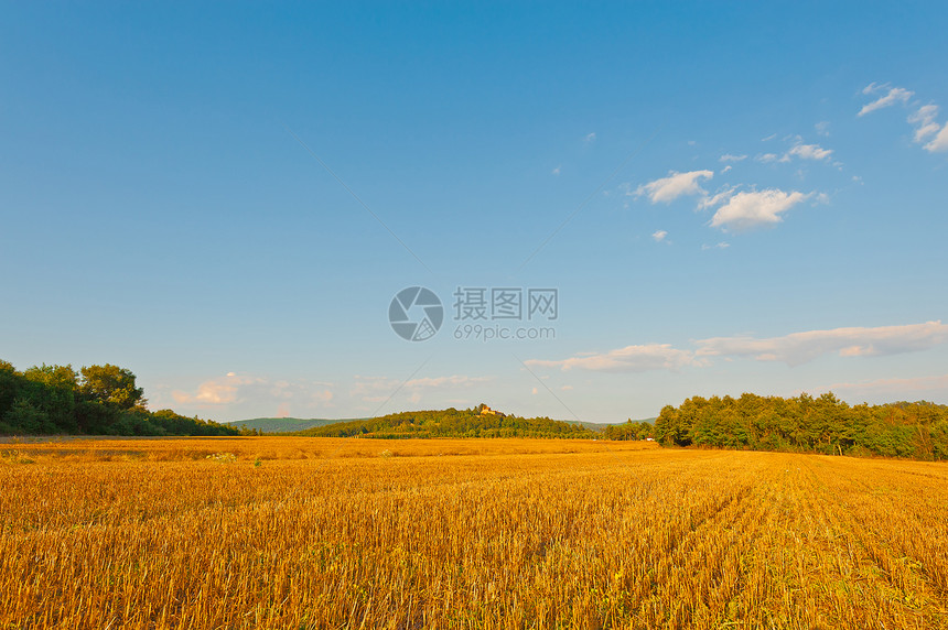 收获后田地中部山丘上的农庄图片