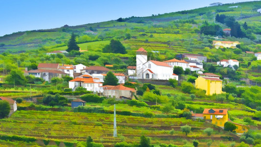 葡萄牙山上的藤园环绕着教堂的村落图片