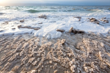 约旦死海滩上的晶盐图片
