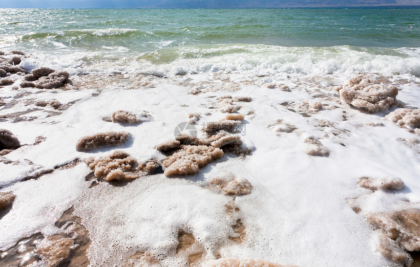 约旦死海滩上的晶盐图片