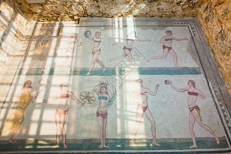比基尼西里罗曼达卡萨莱宫古老的罗曼马赛克图片