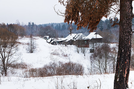 冬天在森林边上有雪覆盖了小村庄图片
