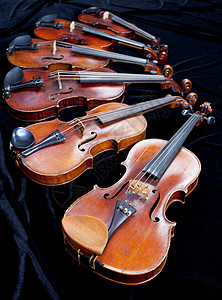 黑天鹅绒上不同大小的提琴家族紧高清图片