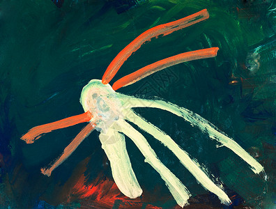 儿童绘画深绿色海水中的黄章鱼图片