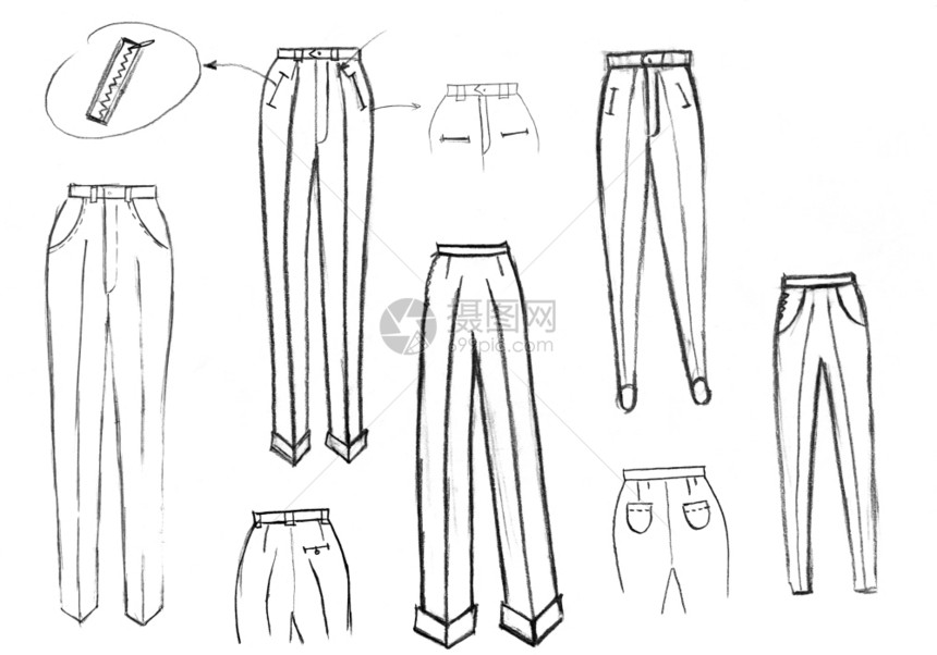 时装模型草图妇女裤子的完整细节图片