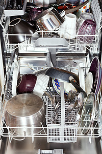 露天洗碗机中的脏炊具背景图片