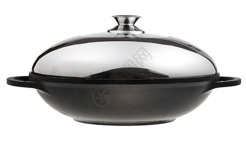 白色背景上被金属盖子覆的自拍底部wok锅的侧边视图图片