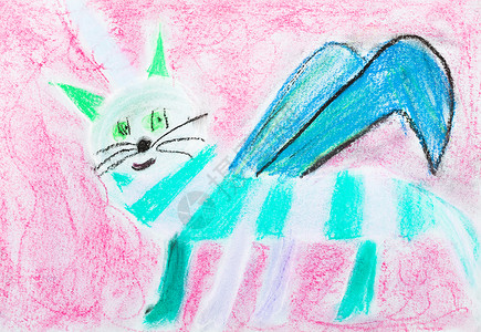 儿童绘画粉红背景有翅膀的条纹猫图片