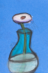 儿童画玻璃花瓶中仍然活生的白花图片