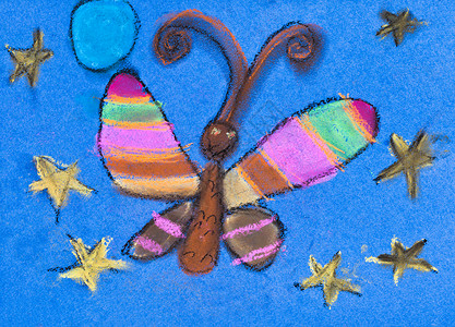 儿童绘画蓝星天空下的夜飞蛾图片