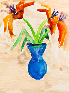 儿童绘画棕色背景的蓝花瓶中两朵百合图片