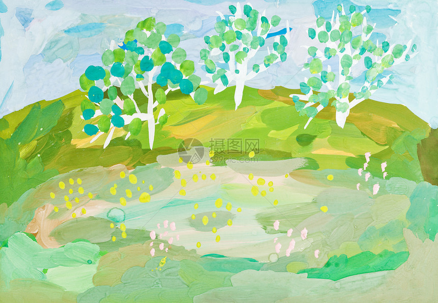 儿童画秋天风景绿山上有三棵树图片