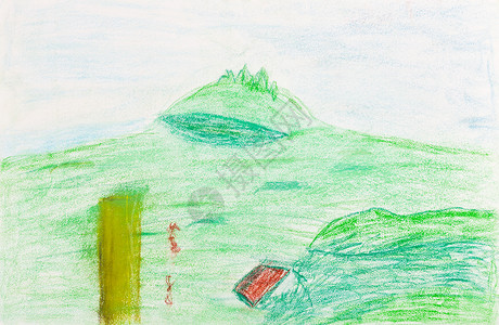 儿童绘画日本风格的绿色山图片