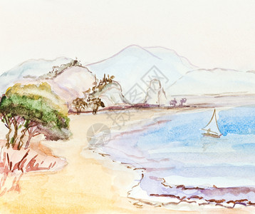 海岸线 绘制帆船沙滩山丘背景