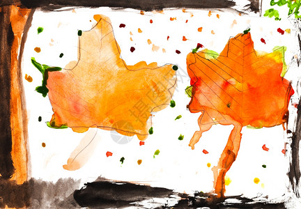 儿童绘画秋季天在窗口中绘制的落叶图片