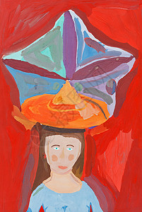 儿童绘画年轻女头上戴大装饰帽图片
