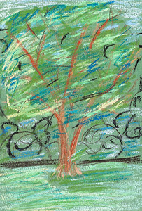 儿童绘画晚上在城市公园绿树图片
