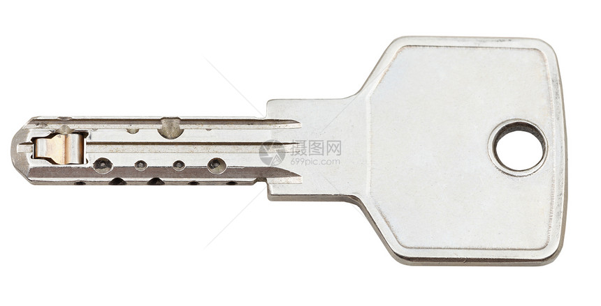 一扇钢门钥匙用于在白色背景上隔离的针板锁图片