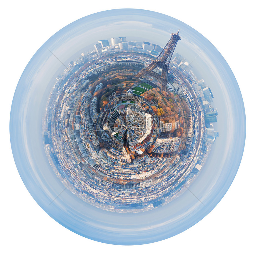 小行星巴黎城市球全景白色背的埃菲尔塔被隔离图片