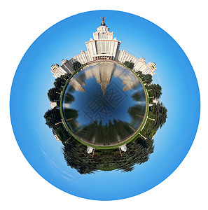 地球下的城市微小行星罗蒙诺索夫莫斯科国立大学的球形视图和夏日喷泉池在白色背景下被隔绝背景