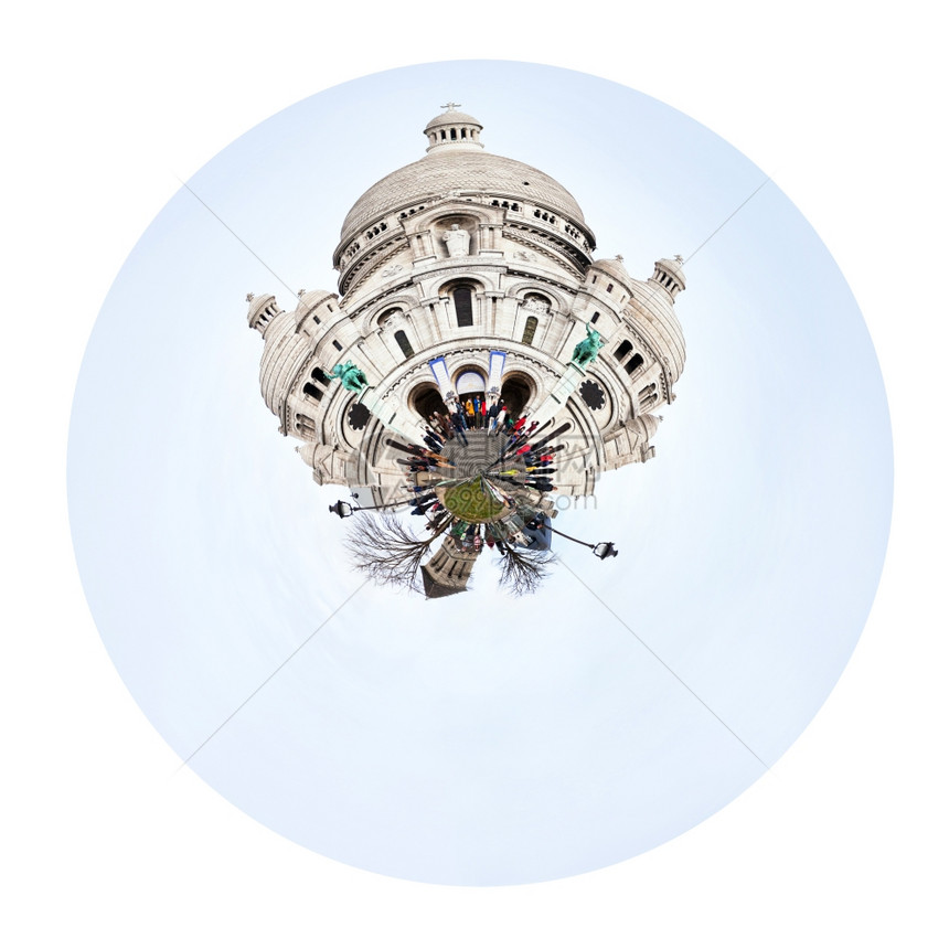 小星球巴黎圣心大教堂BasilicaSacreCoeur的城市球形视图白色背景图片