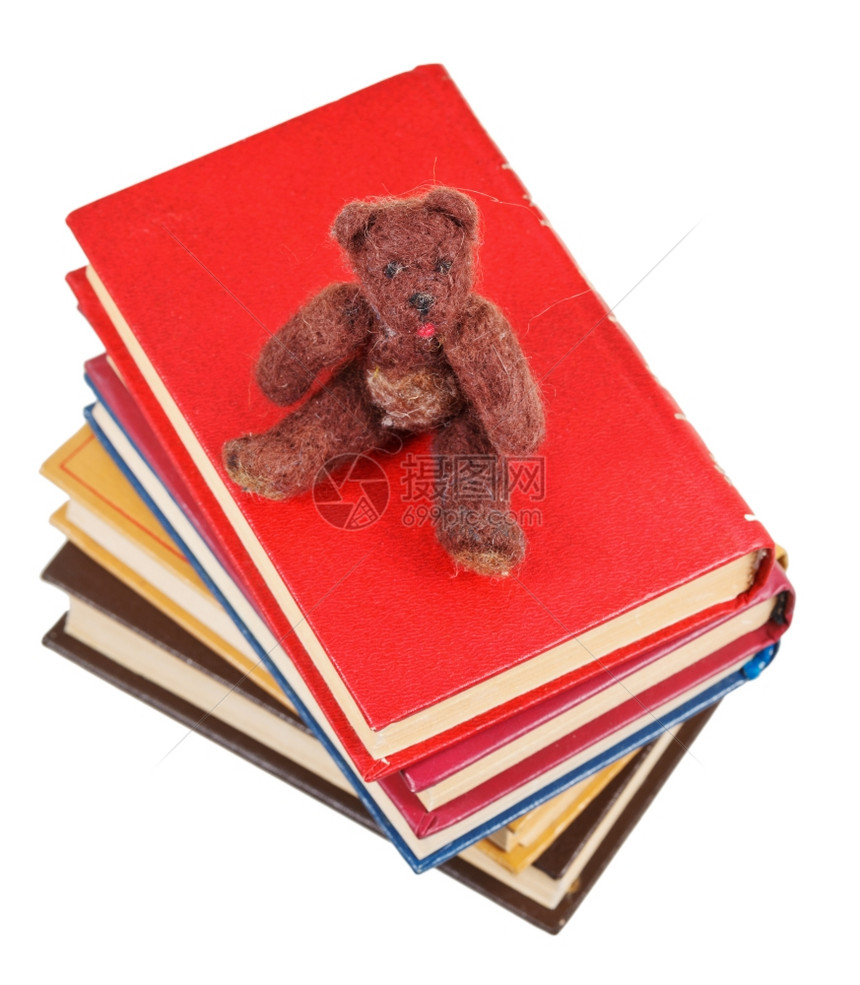 软玩具熊的顶部视图坐落在白色背景孤立的书上图片