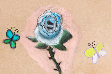 儿童画蓝花玫瑰和两只蝴蝶图片