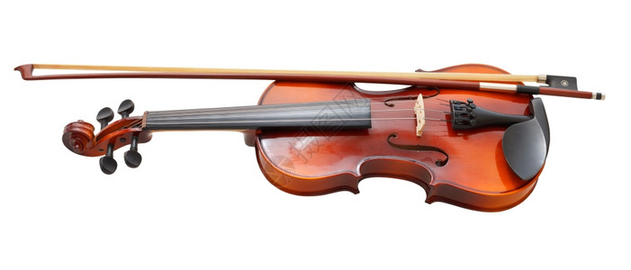 传统木制小提琴用法国弓孤立在白色背景上图片