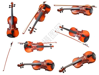 一套古典现代小提琴和法国弓白背景孤立图片