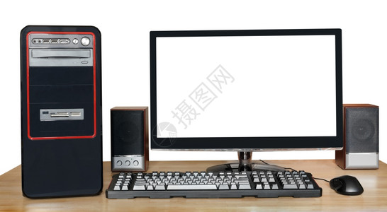 黑台式计算机带剪切屏幕的宽显示键盘鼠标白背景孤立的木桌上扬声器图片